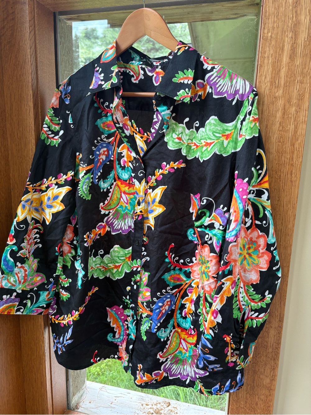 Black Floral Button-Up Shirt with Multicolor Paisley Print 1X